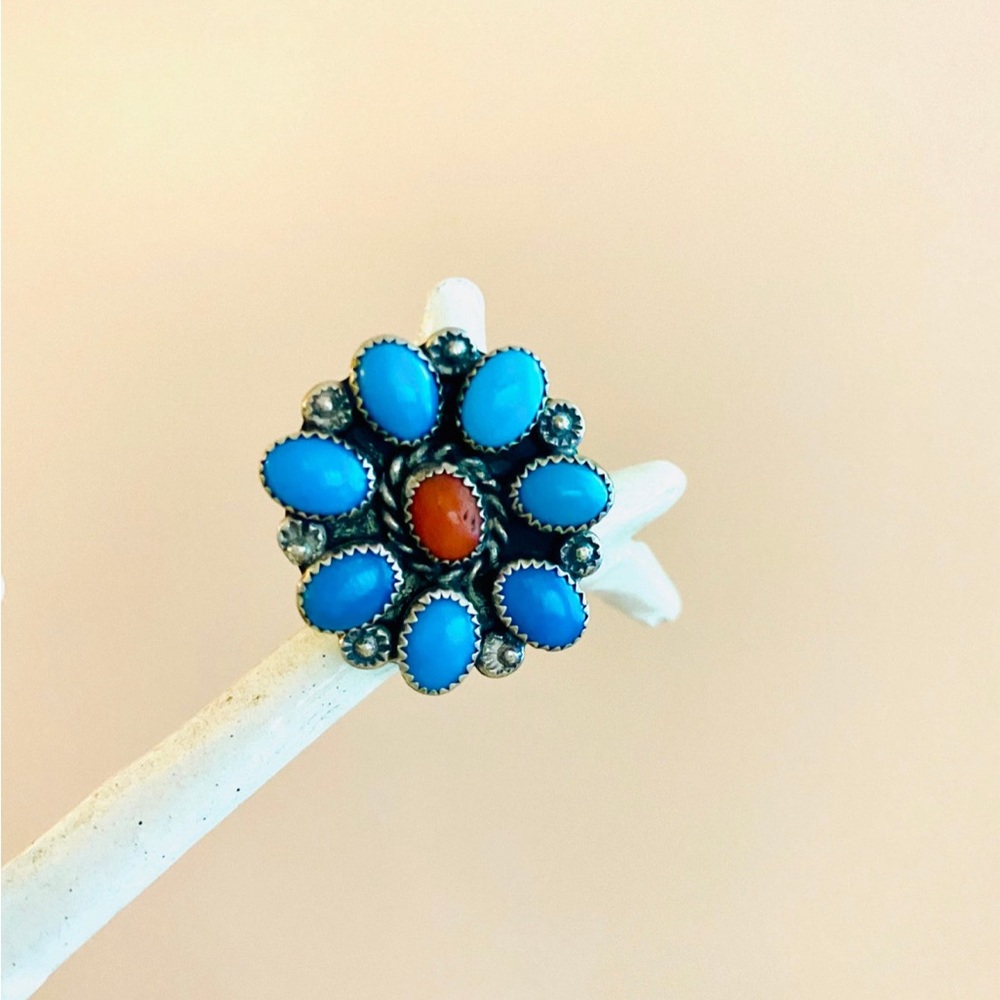Vintage 1970’s Real Turquoise and Coral Ring. Silver